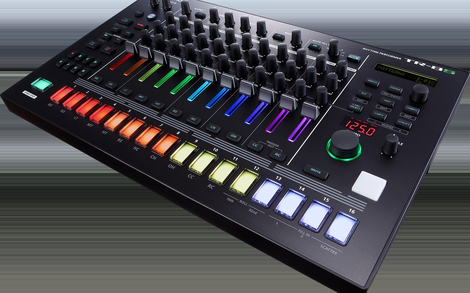 Roland TR-8S drum machine with illuminated multicolor step sequencer buttons and sliders