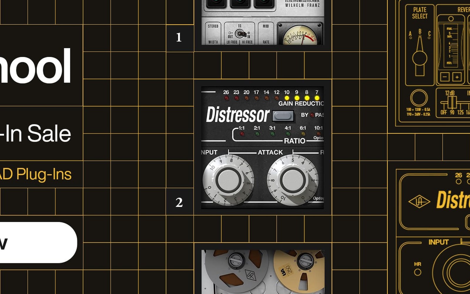 Distressor plug-in interface with gain reduction meters and attack knobs on a promotional grid