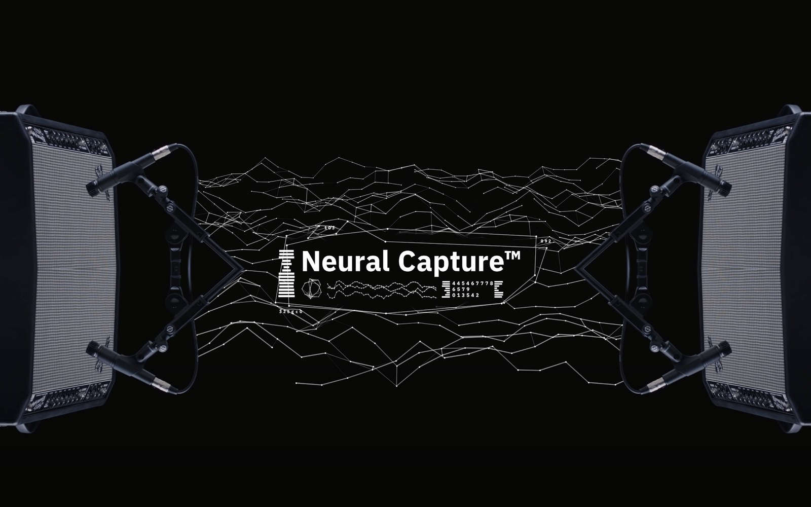 A Neural DSP Quad Cortex mounted on a pedalboard, screen mid-edit, patch cables visible, photographed in low directional bench light